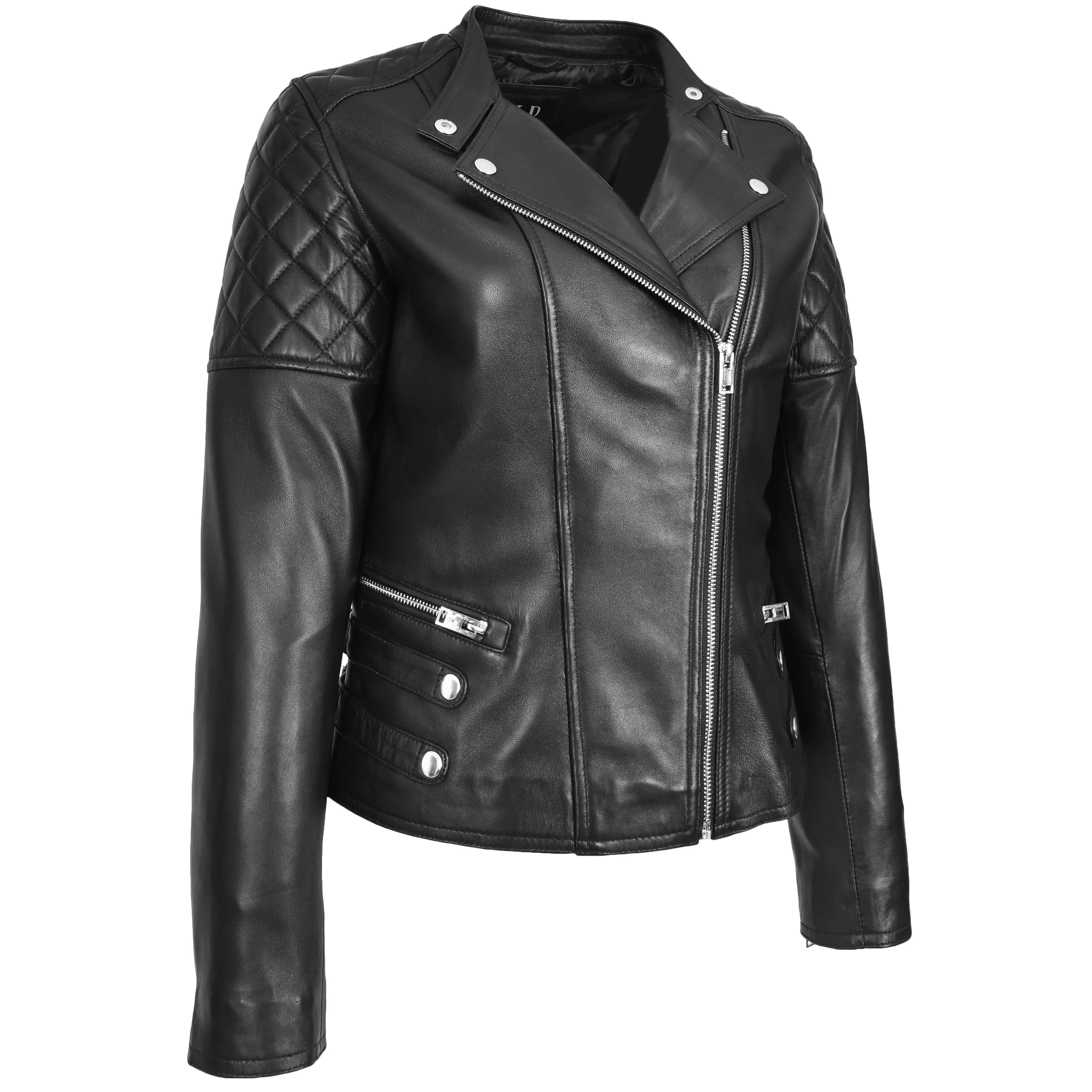 Womens Real Leather Biker Jacket Classic Cross Zip Style Molly Black