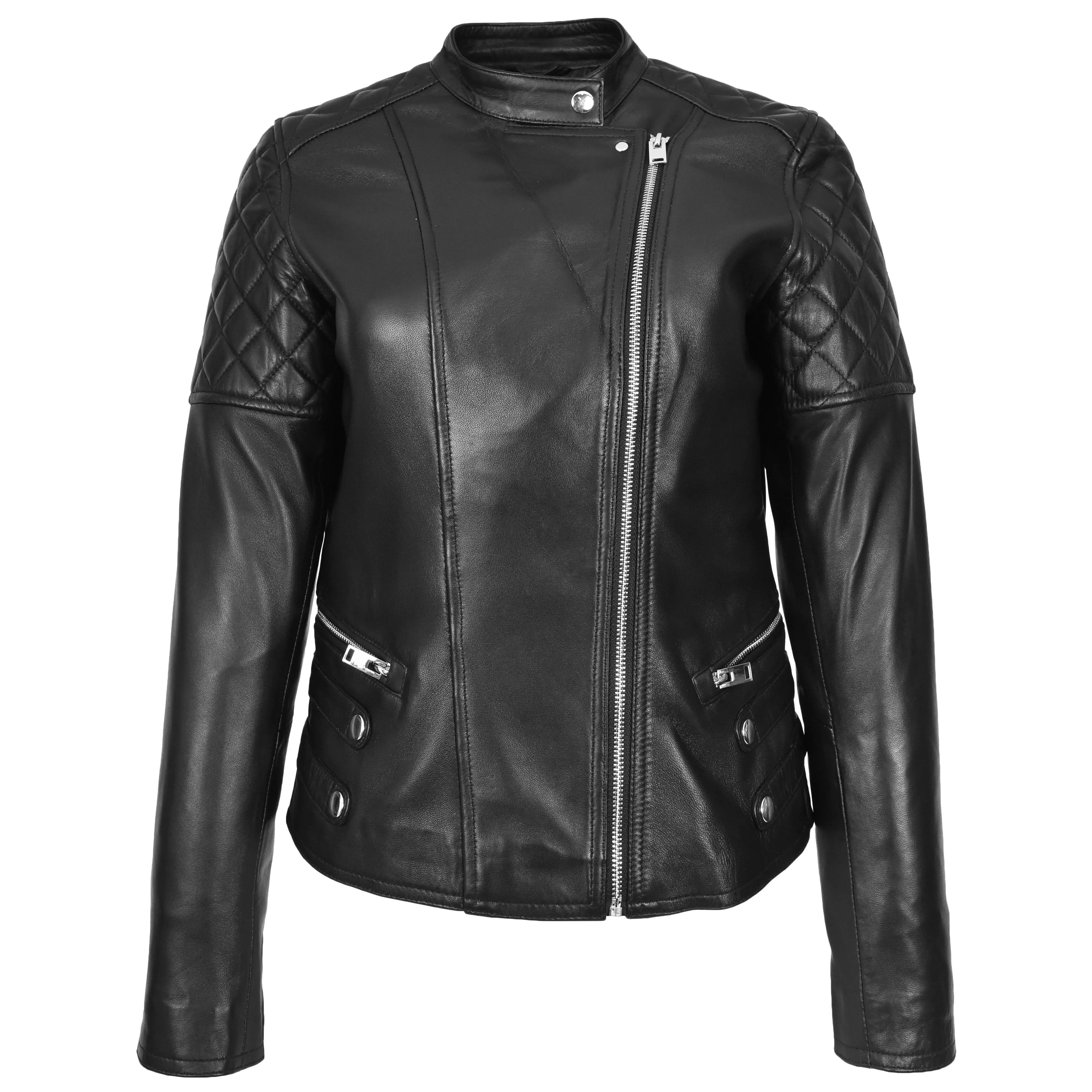 Womens Real Leather Biker Jacket Classic Cross Zip Style Molly Black