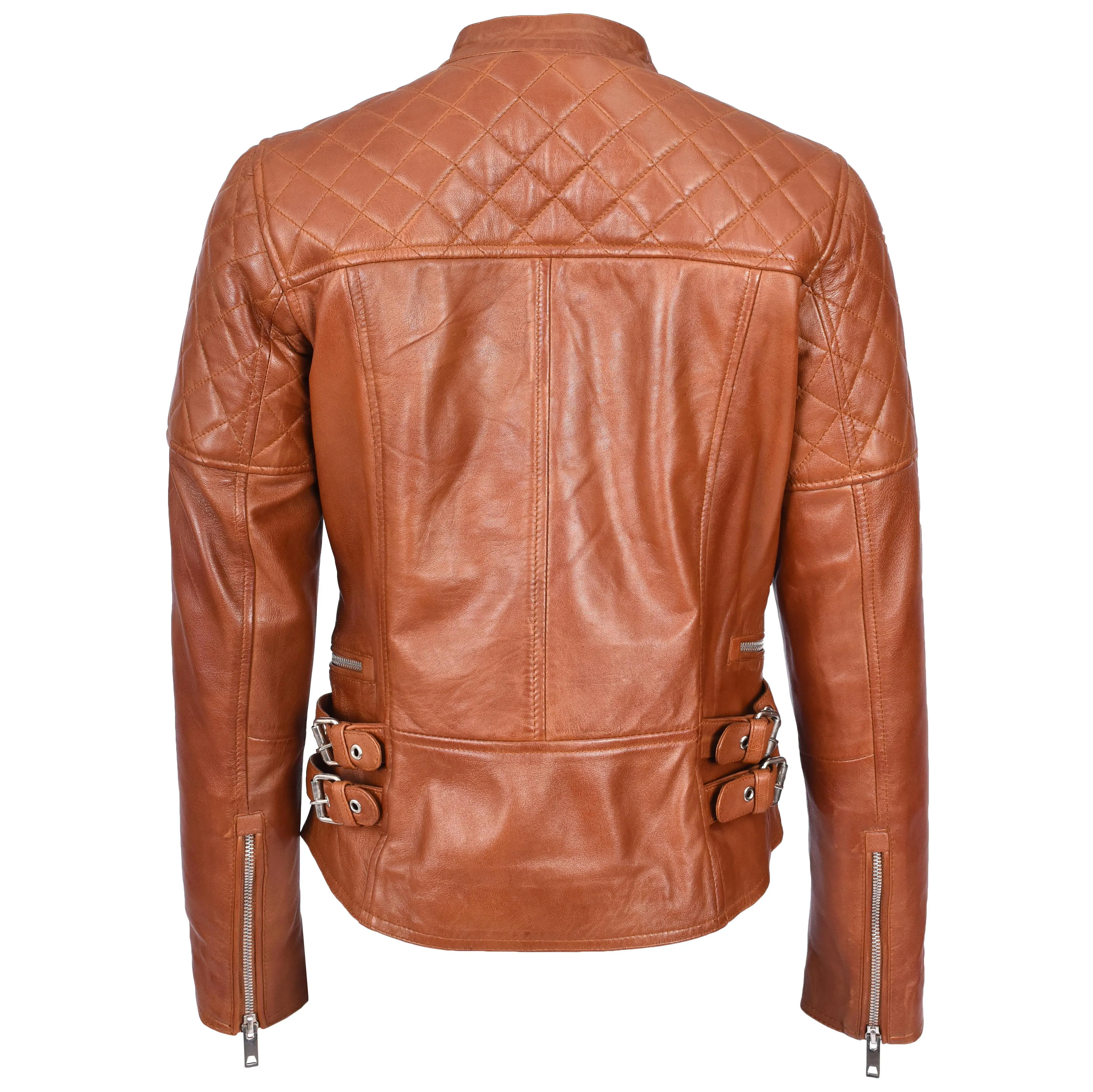 Womens Real Leather Biker Jacket Classic Cross Zip Style Molly Chestnut Tan