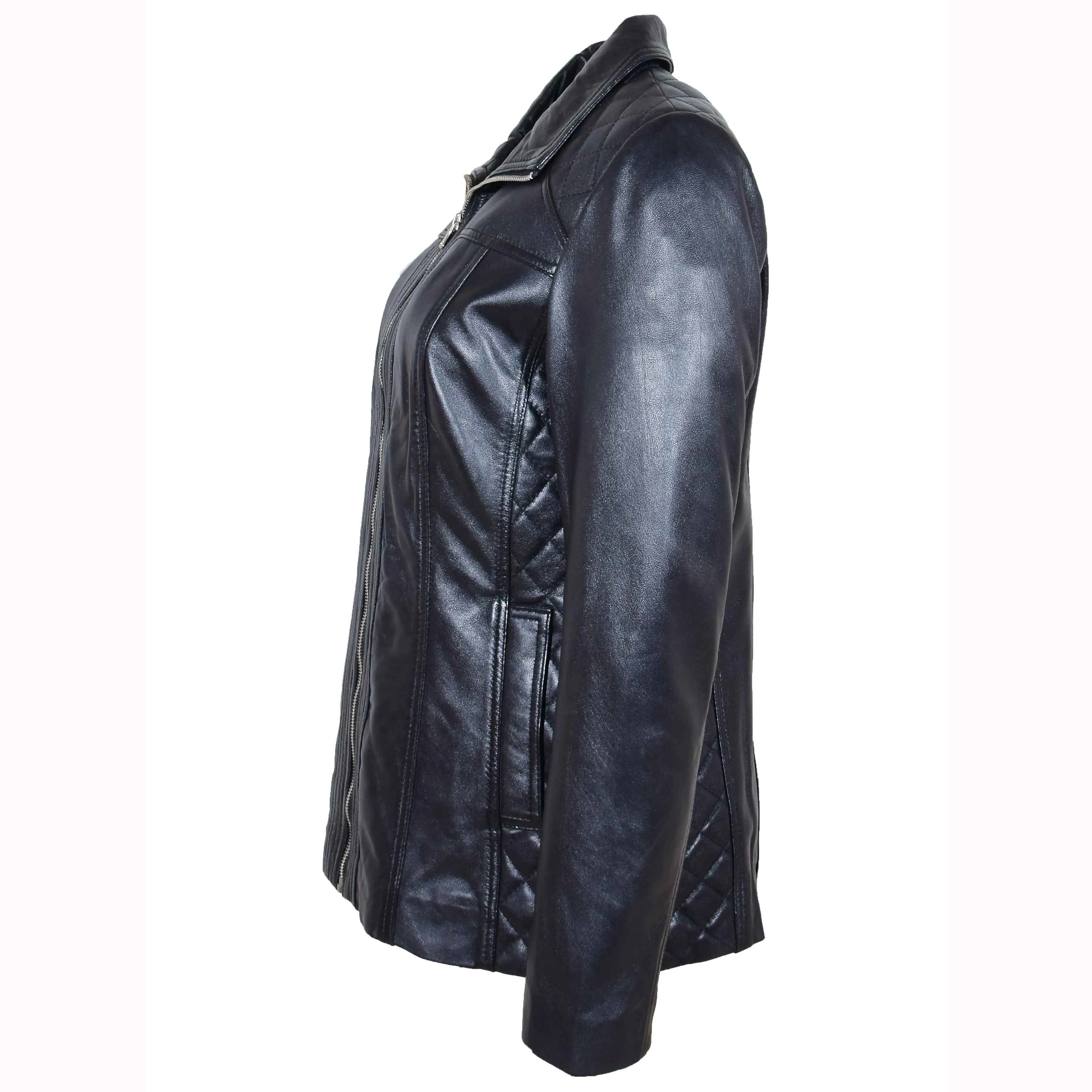 Womens Real Leather Jacket Zip Quilted ECHO Black