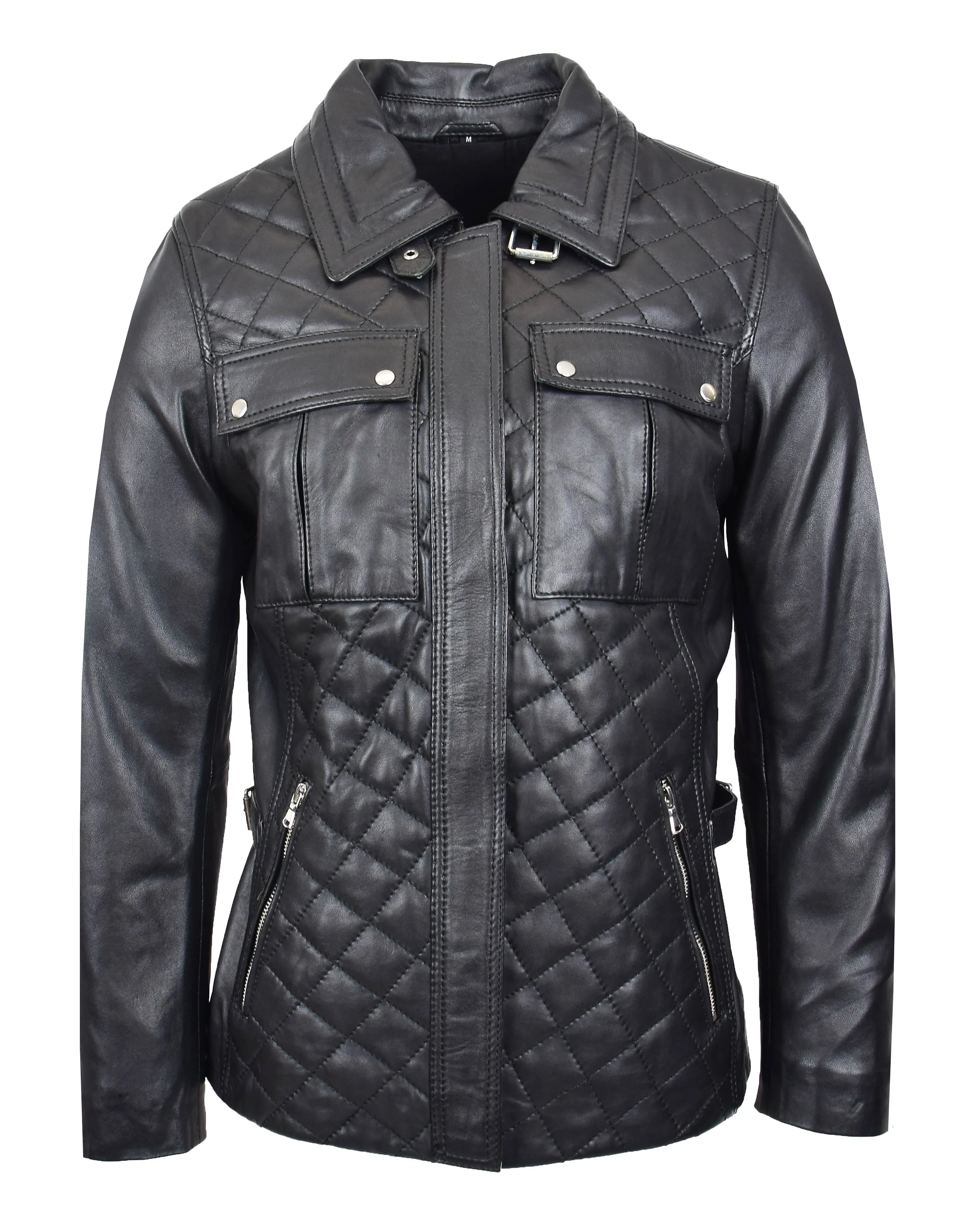 Womens Soft Black Leather Jacket Trendy Hip Length Quilted Fitted Style Rhea