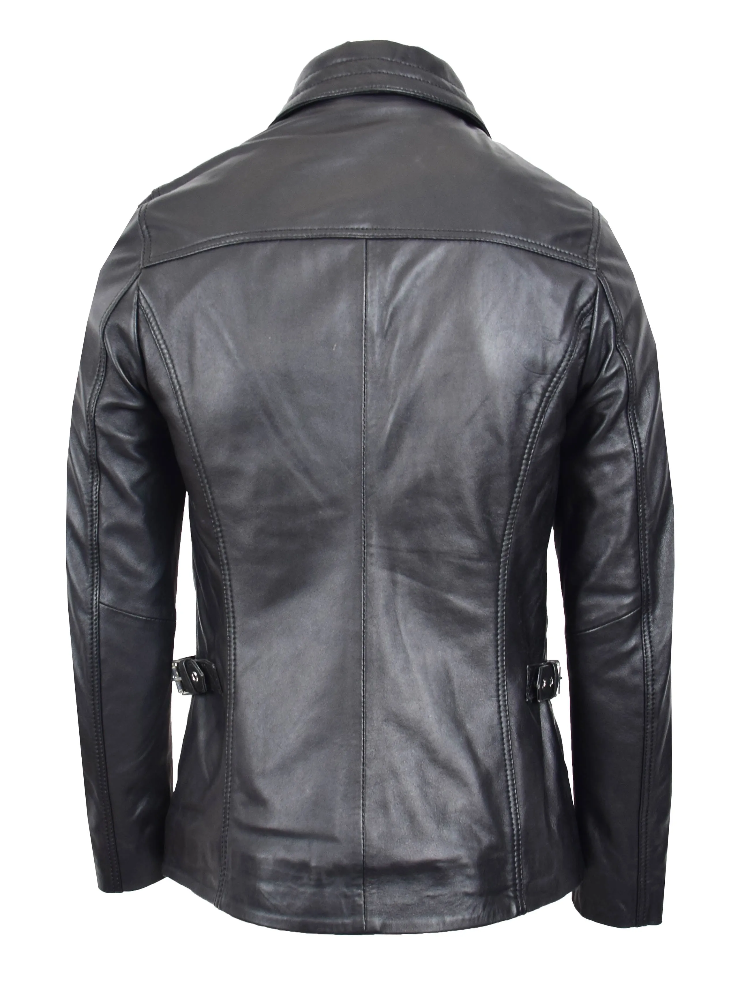 Womens Soft Black Leather Jacket Trendy Hip Length Quilted Fitted Style Rhea