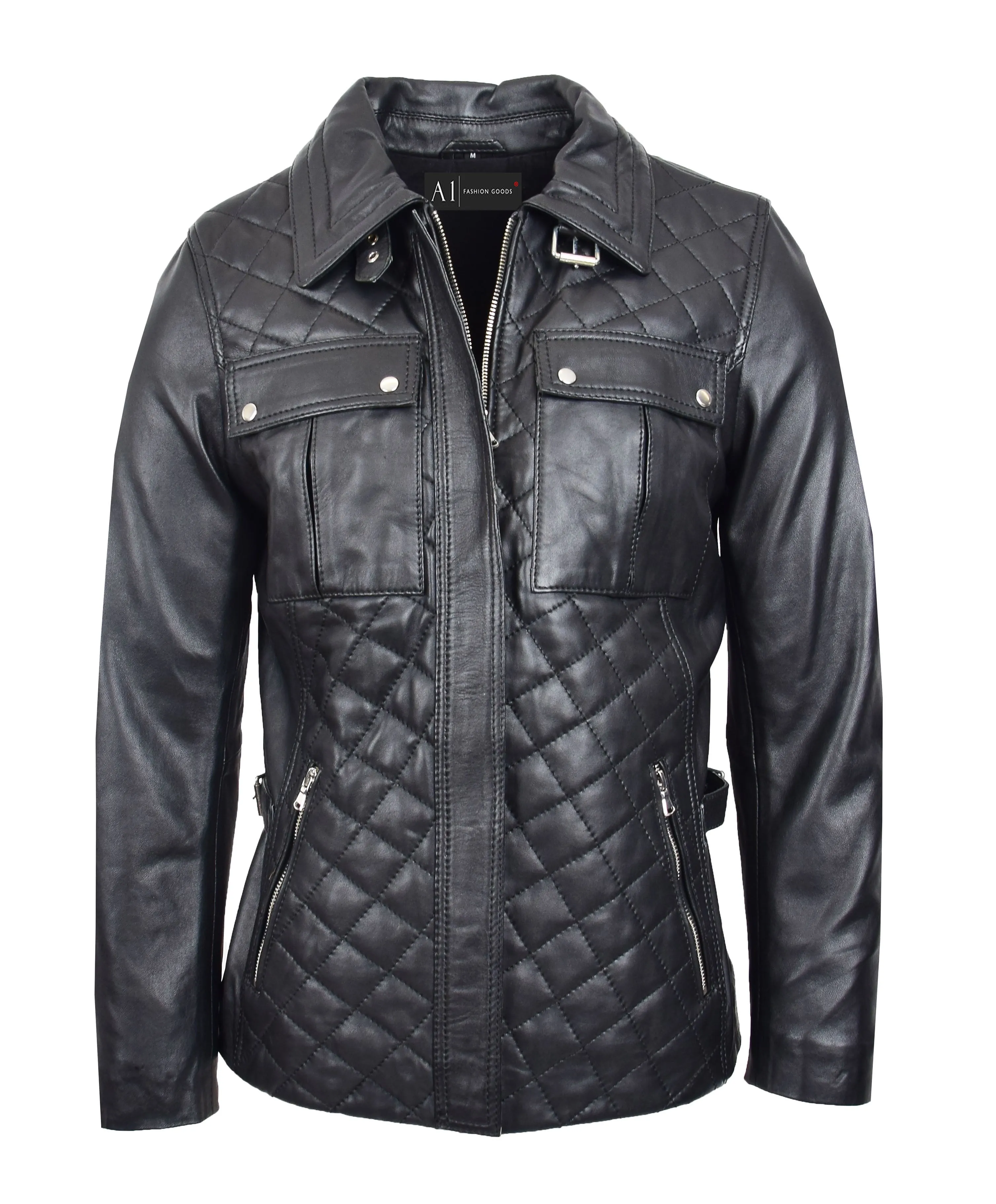 Womens Soft Black Leather Jacket Trendy Hip Length Quilted Fitted Style Rhea