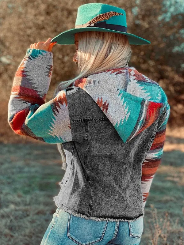 Women's Western Style Denim Patchwork Hooded Jacket