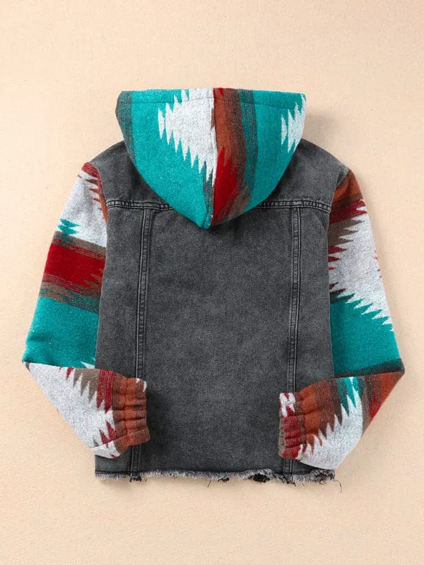 Women's Western Style Denim Patchwork Hooded Jacket